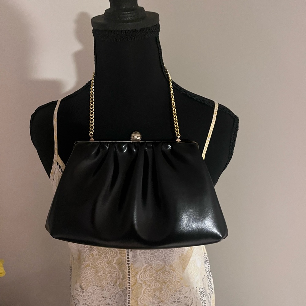 Vintage Black Ruched Leather Clutch With Gold Chain